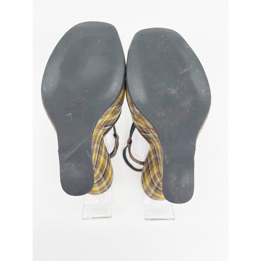 Prada Fall 2004 Runway Brown Yellow Plaid Preppy Sculptural Wedge Sandals IT 35 - Picture 11 of 13